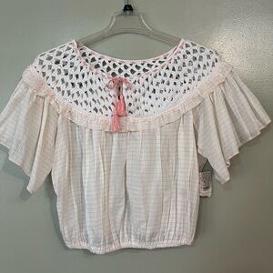 Free People Croched Womens  Peach White Crop Top Short Sleeve Boho L NWT